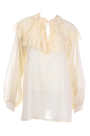 1970s Vintage Gunne Sax Cream Prairie Blouse With Wide Lace Collar