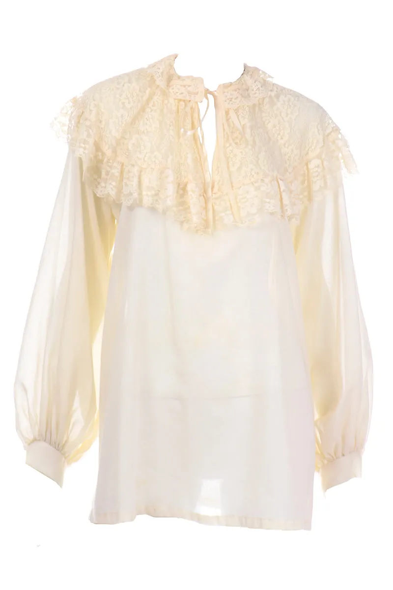 1970s Vintage Gunne Sax Cream Prairie Blouse With Wide Lace Collar