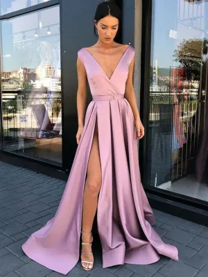 A Line V Neck Light Purple High Slit Prom Dresses, V Neck Formal Graduation Evening Dresses with High Slit