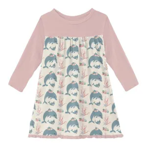 Bamboo Classic Long Sleeve Swing Dress - Natural Dolphins