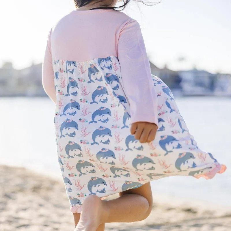 Bamboo Classic Long Sleeve Swing Dress - Natural Dolphins