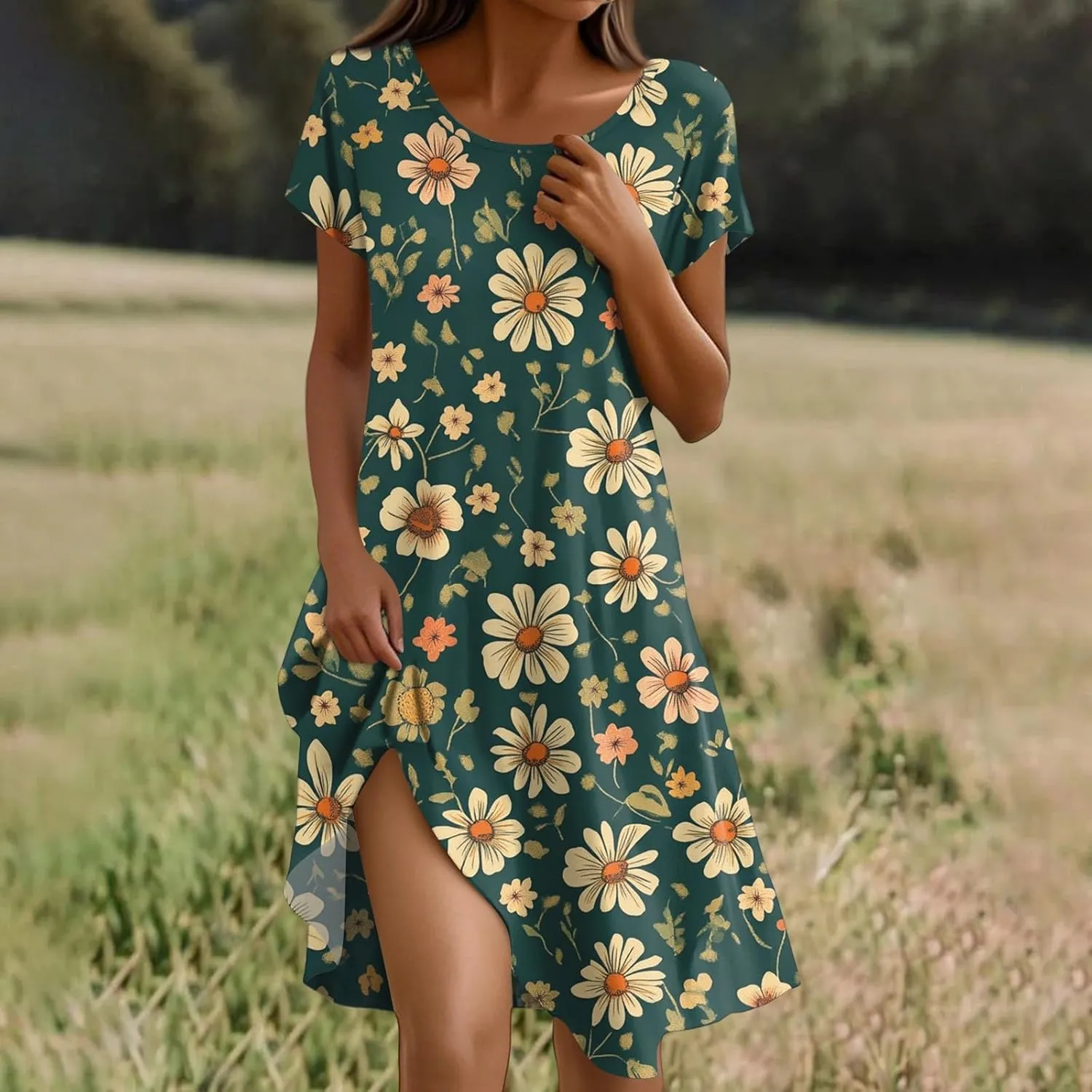 Beach Dresses for Women 2025 Vacation Casual Short Sleeve Round-Neck Floral Print Loose Resort Mini Sundress with, S-2Xl