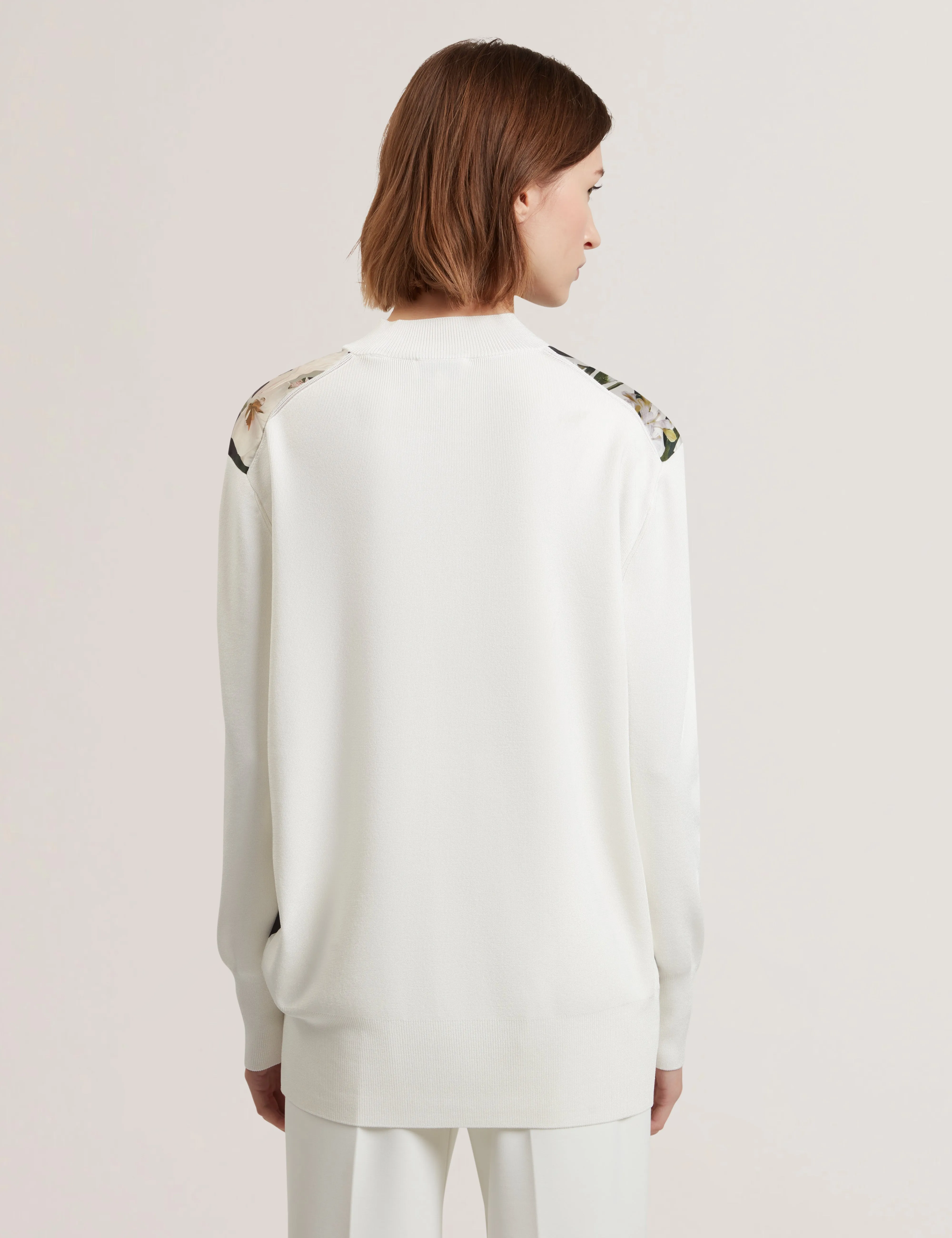 Belviaa Printed Woven Front Cardigan Ivory