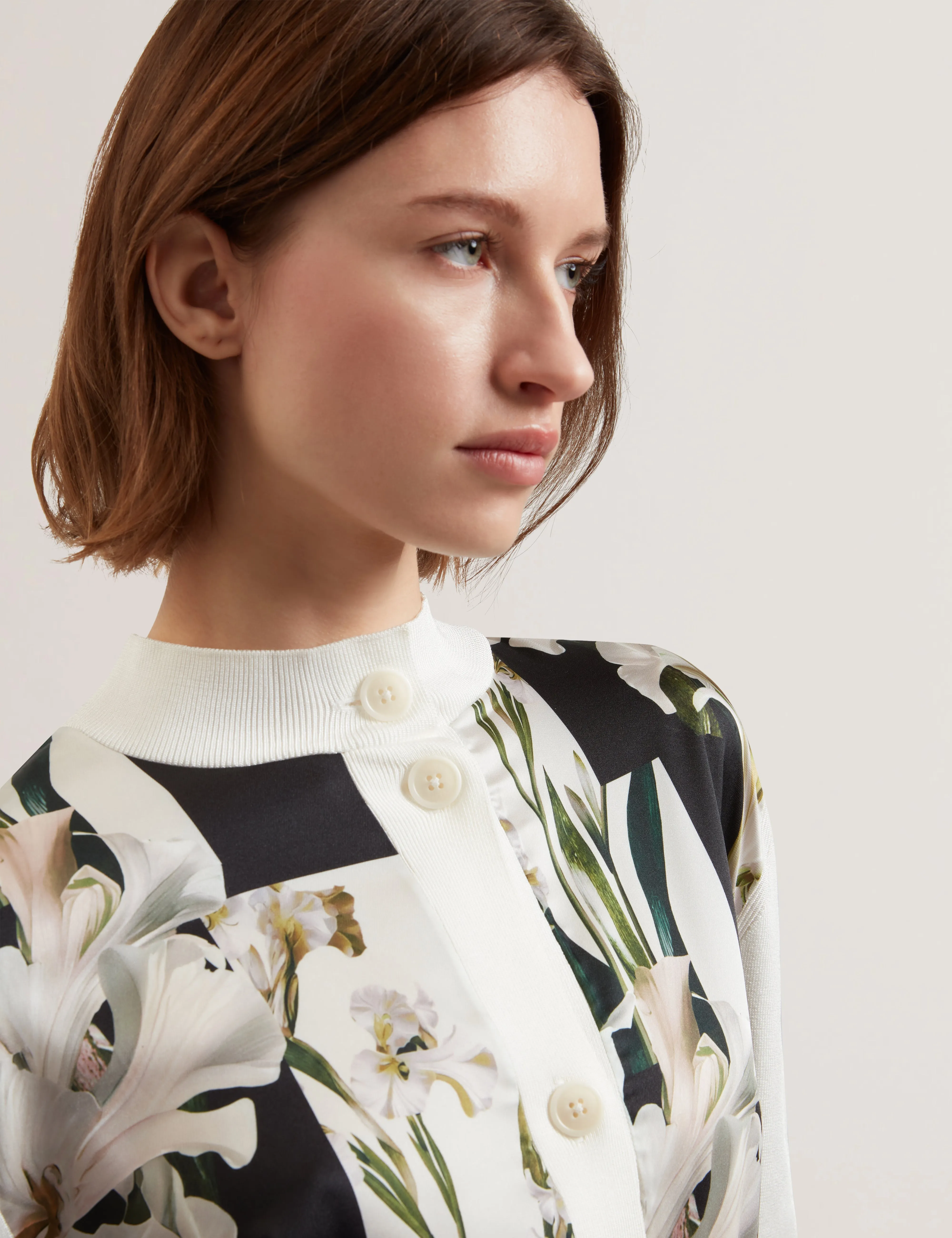 Belviaa Printed Woven Front Cardigan Ivory