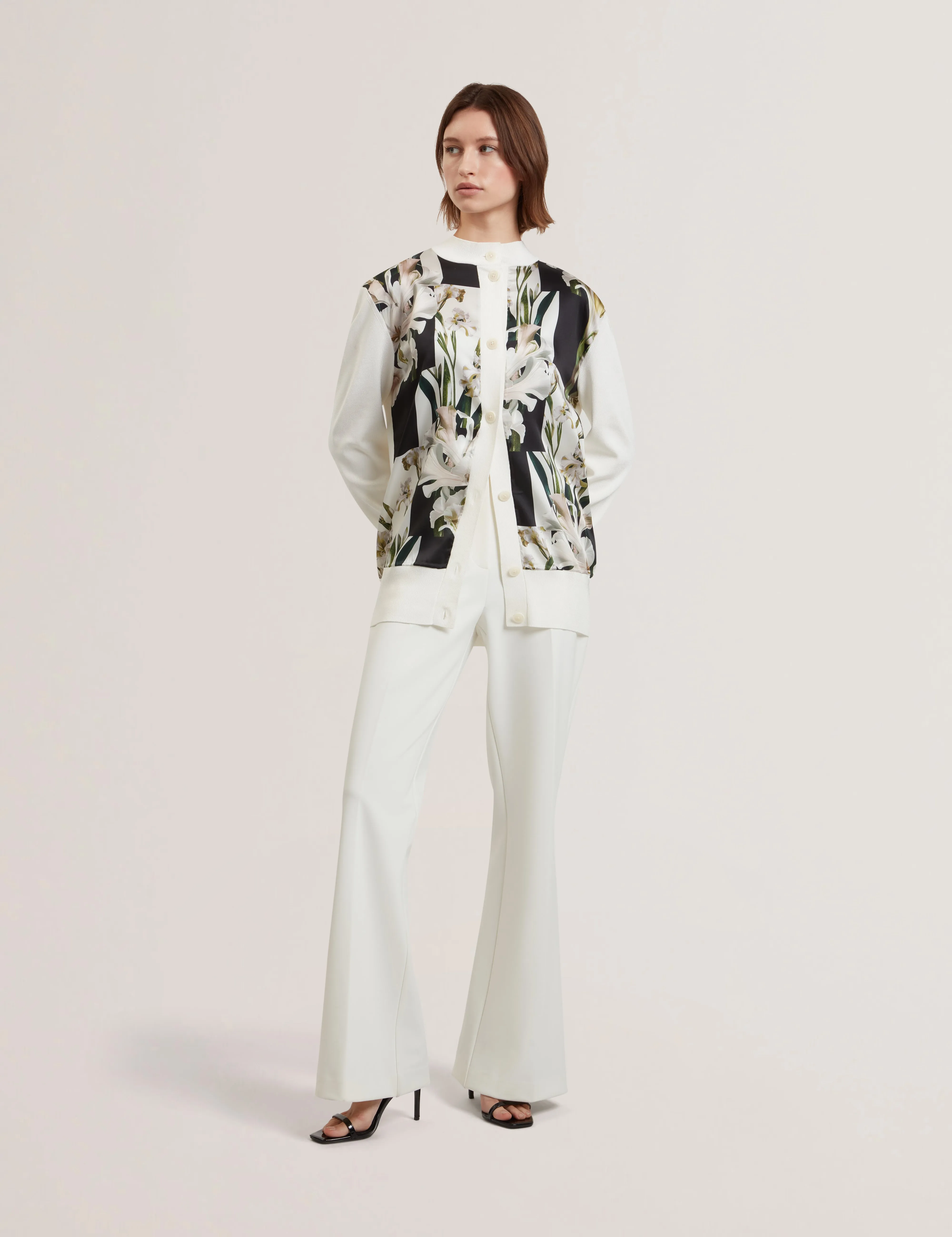 Belviaa Printed Woven Front Cardigan Ivory