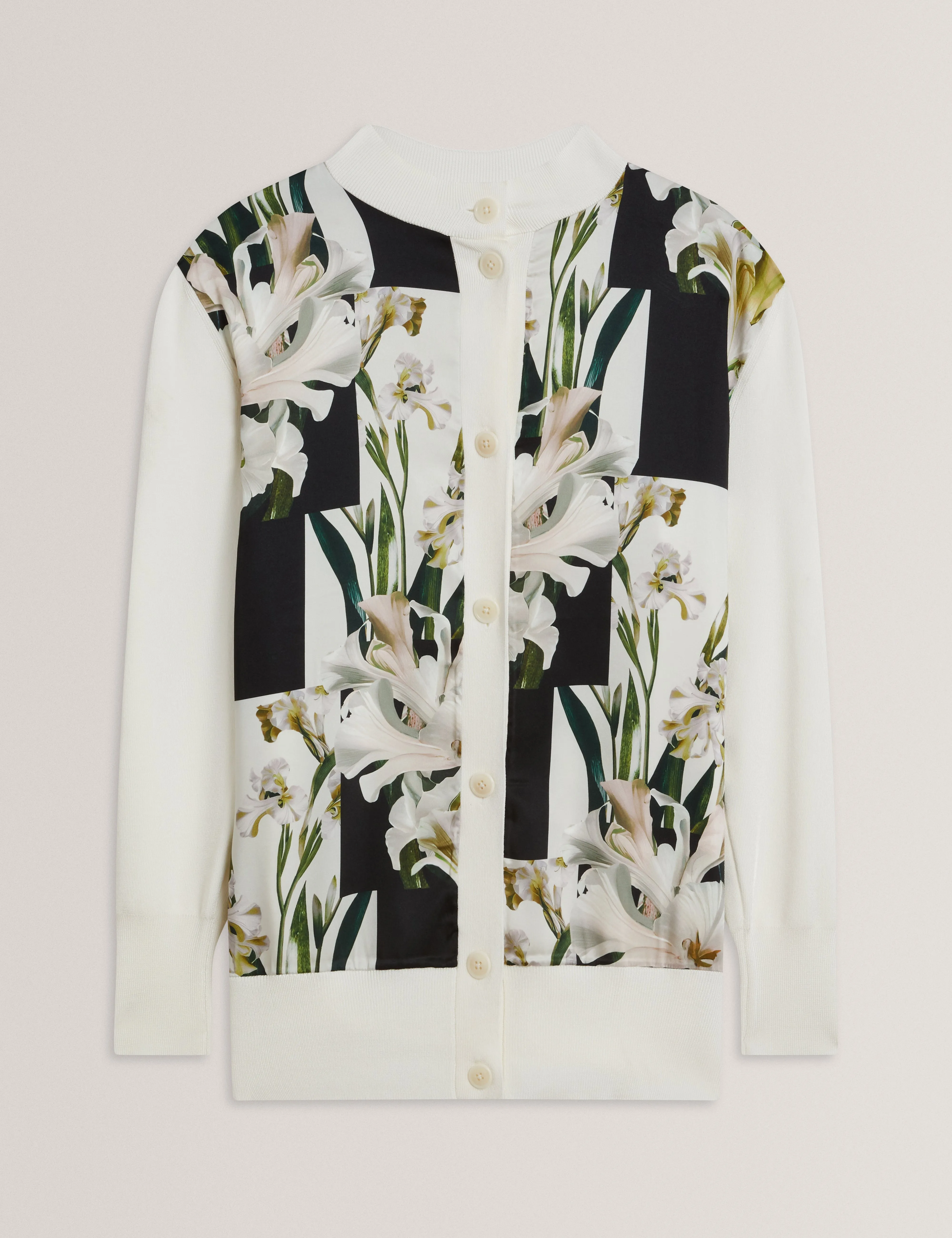 Belviaa Printed Woven Front Cardigan Ivory