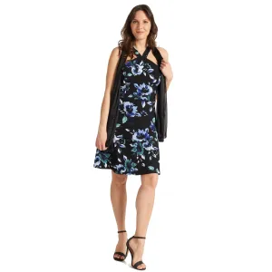 Black & Blue Floral Print Halter Dress