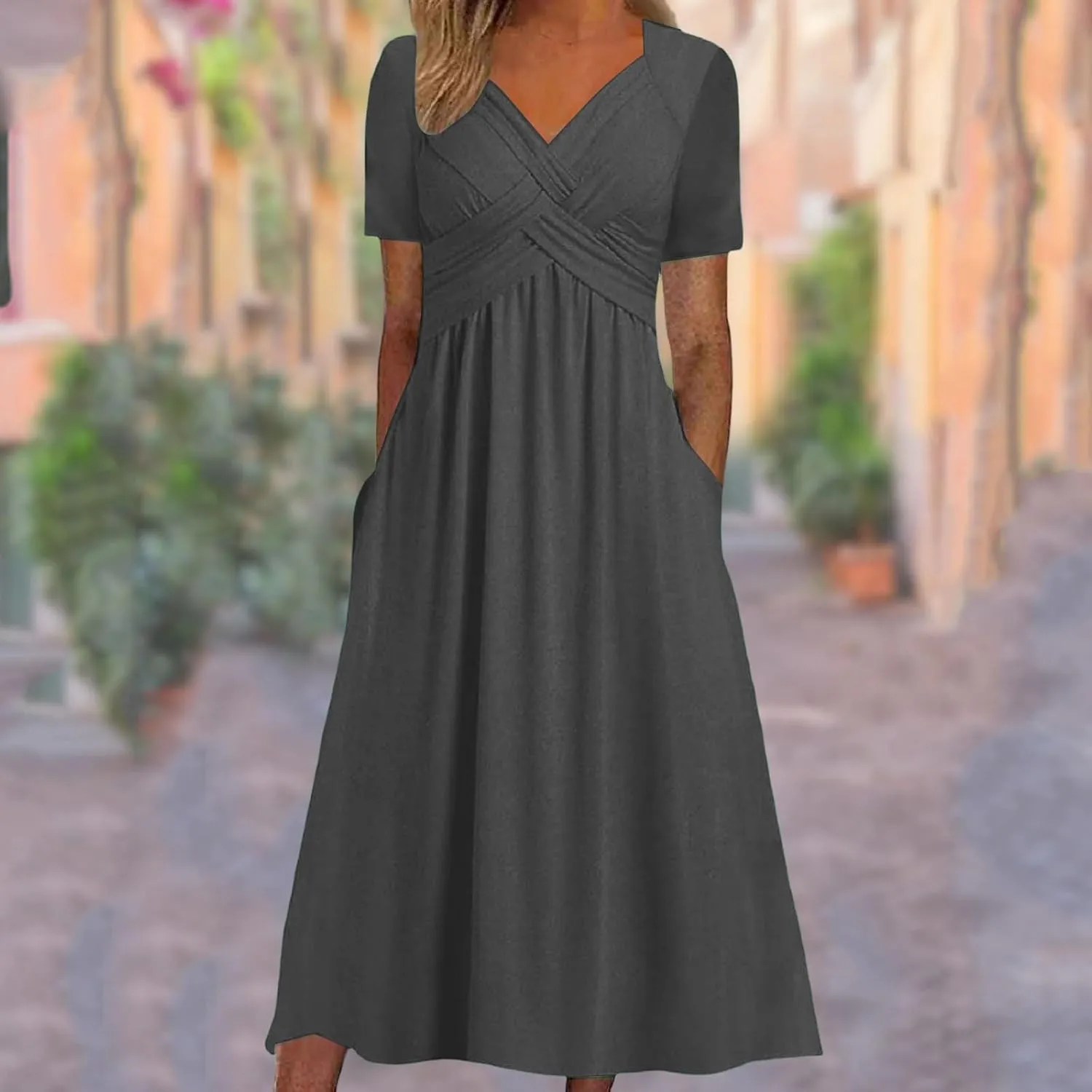 Boho A-Line Dress for Women Flowy V-Neck Sundress with Pockets Casual Beach Midi Dress in Cross Front Embroidery