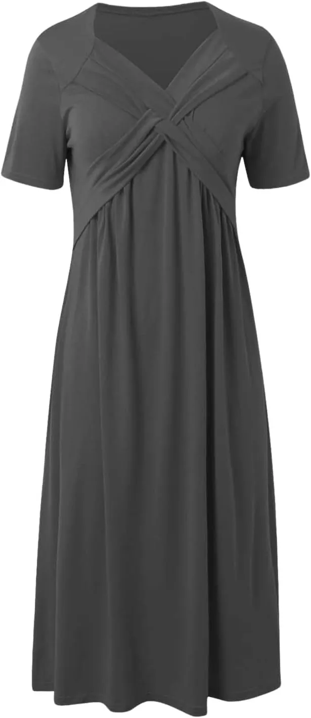 Boho A-Line Dress for Women Flowy V-Neck Sundress with Pockets Casual Beach Midi Dress in Cross Front Embroidery