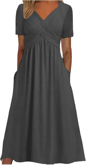 Boho A-Line Dress for Women Flowy V-Neck Sundress with Pockets Casual Beach Midi Dress in Cross Front Embroidery