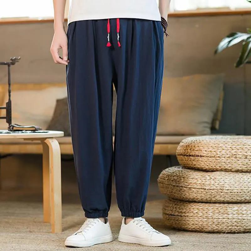 Buddha Stones Plain Color Red Drawstring Linen Men's  Pants With Pockets