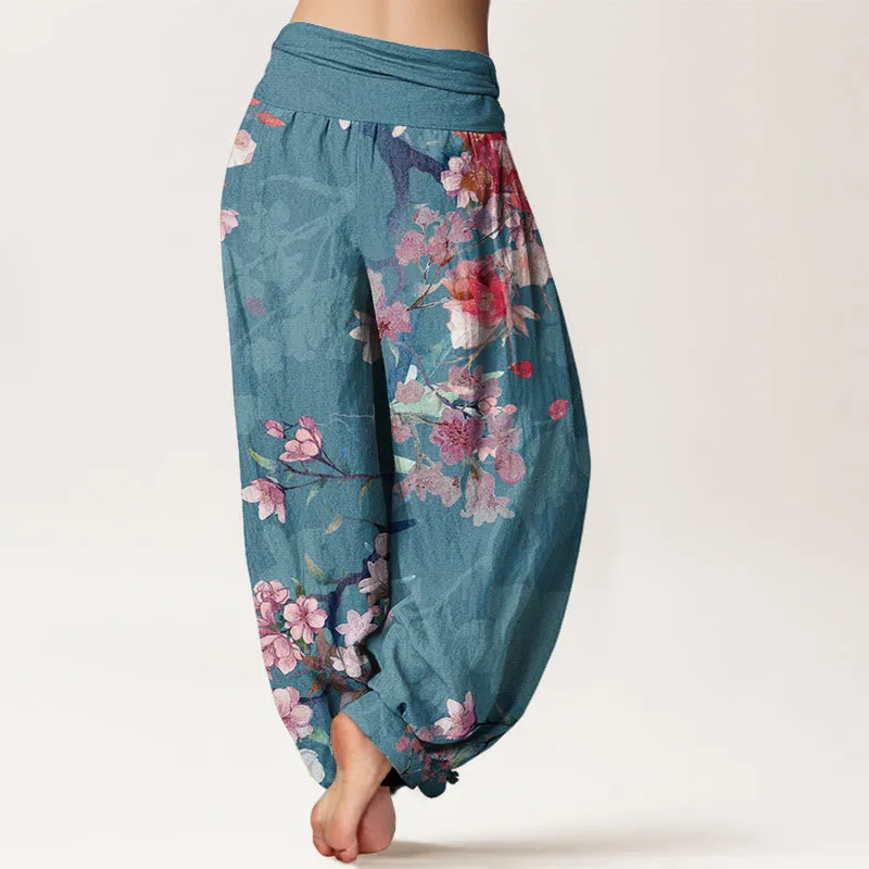 Buddha Stones Red Pink Blooming Flowers Lush Branches Women's Elastic Waist Harem Pants