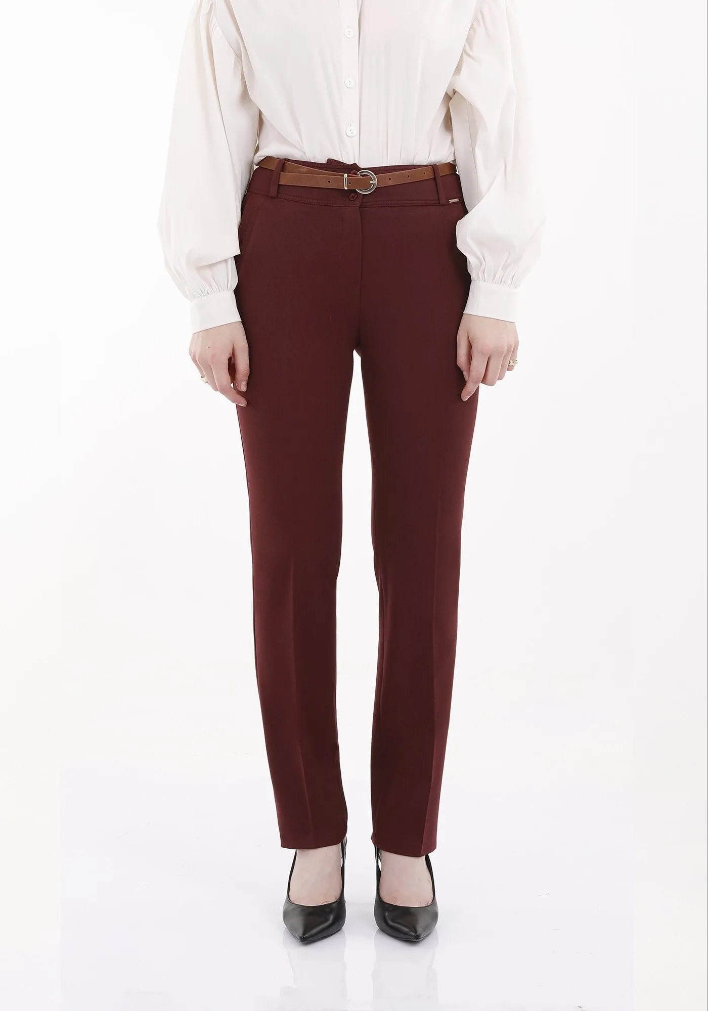 Burgundy Straight Leg Pants with Pockets and Belt