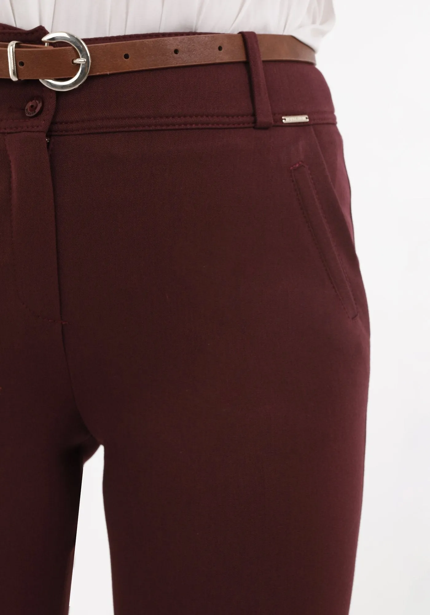 Burgundy Straight Leg Pants with Pockets and Belt