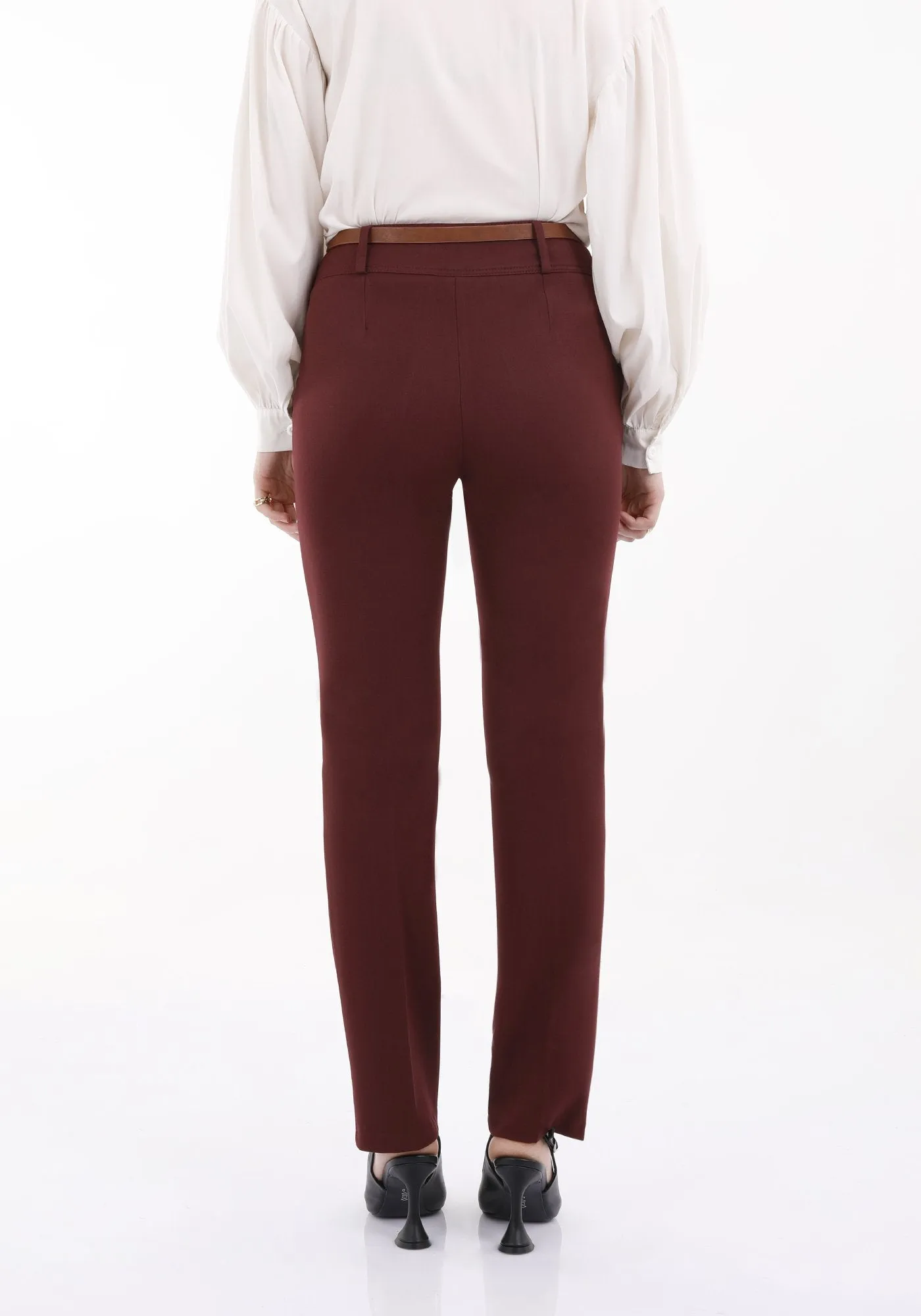 Burgundy Straight Leg Pants with Pockets and Belt