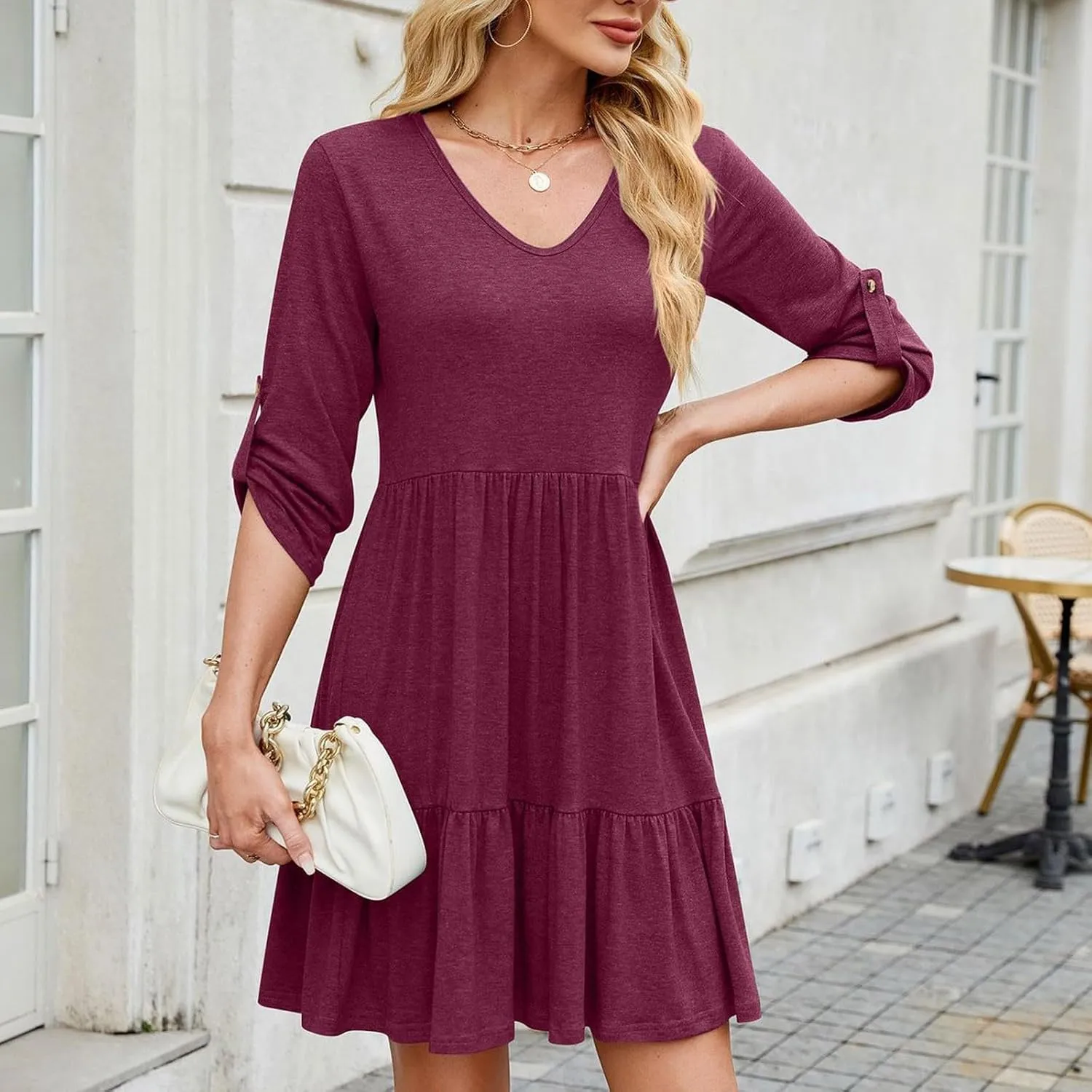 Casual Dresses for Women Cuffed 3/4 Sleeve A-line Work Dress V Neck Ruffle Hem Swing Summer Beach Mini Sundresses