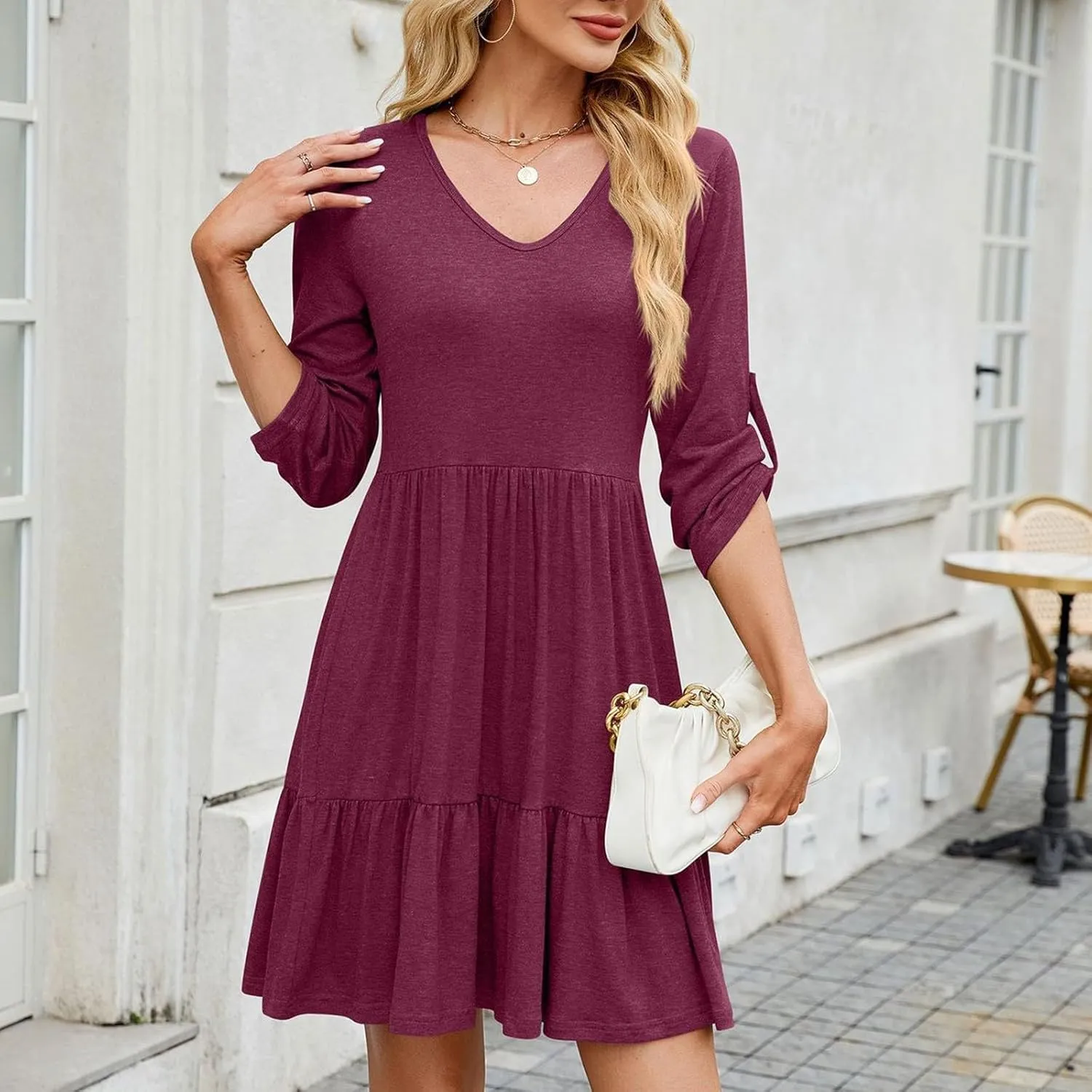 Casual Dresses for Women Cuffed 3/4 Sleeve A-line Work Dress V Neck Ruffle Hem Swing Summer Beach Mini Sundresses