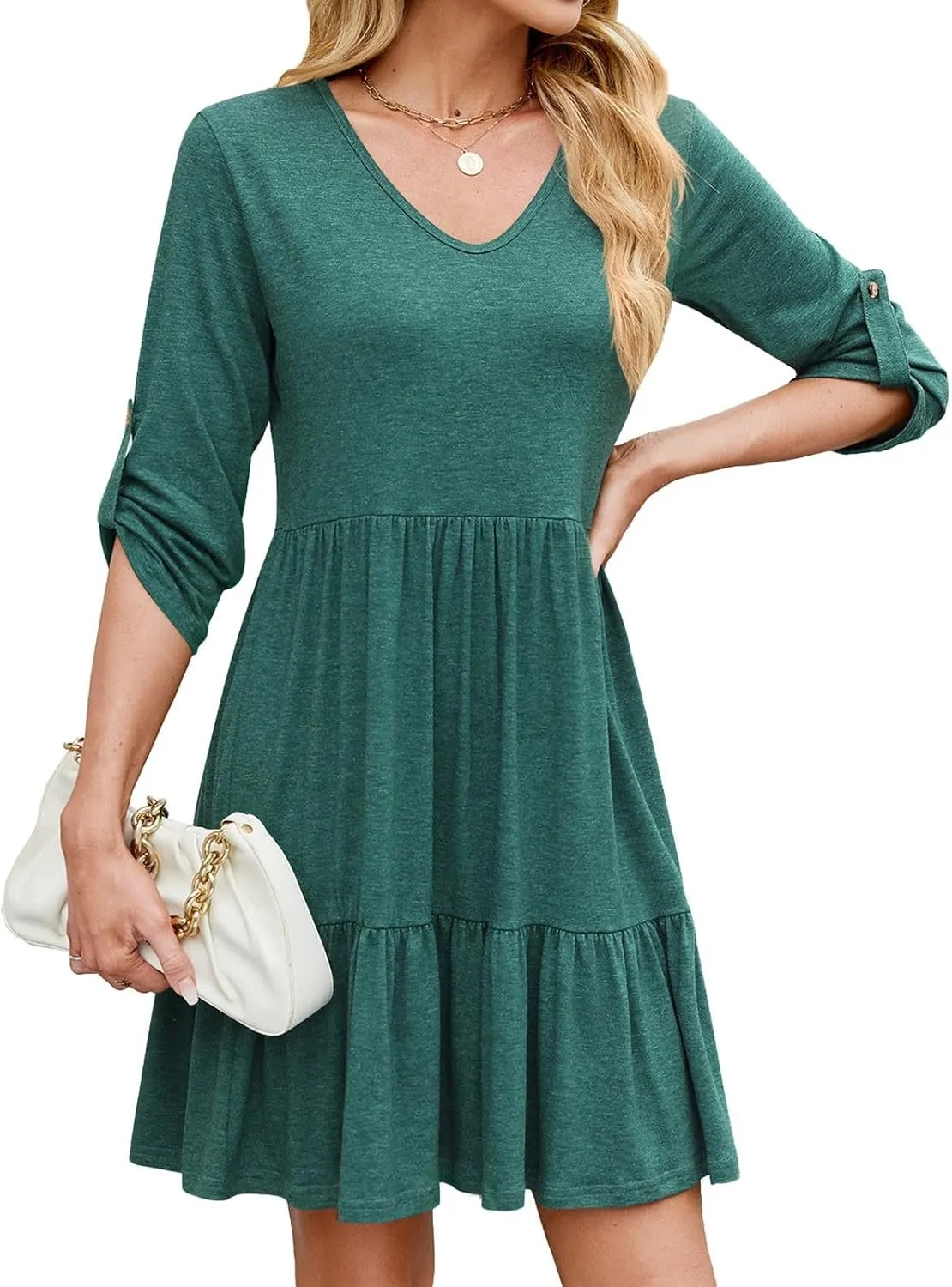 Casual Dresses for Women Cuffed 3/4 Sleeve A-line Work Dress V Neck Ruffle Hem Swing Summer Beach Mini Sundresses