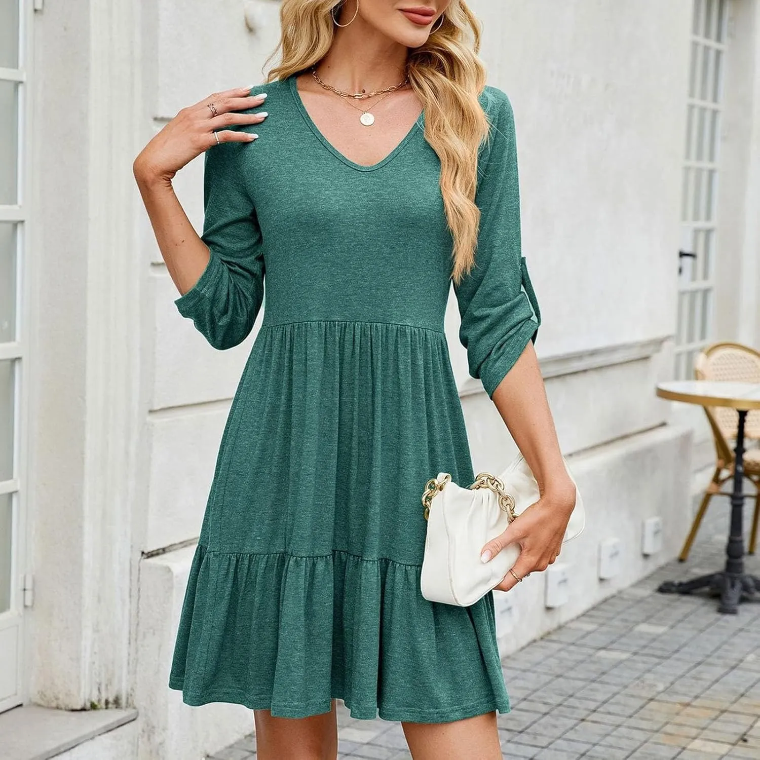 Casual Dresses for Women Cuffed 3/4 Sleeve A-line Work Dress V Neck Ruffle Hem Swing Summer Beach Mini Sundresses