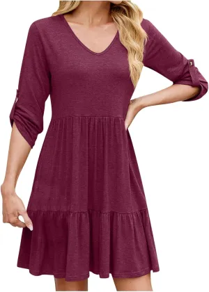 Casual Dresses for Women Cuffed 3/4 Sleeve A-line Work Dress V Neck Ruffle Hem Swing Summer Beach Mini Sundresses