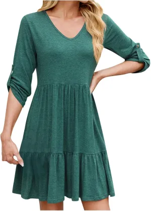 Casual Dresses for Women Cuffed 3/4 Sleeve A-line Work Dress V Neck Ruffle Hem Swing Summer Beach Mini Sundresses