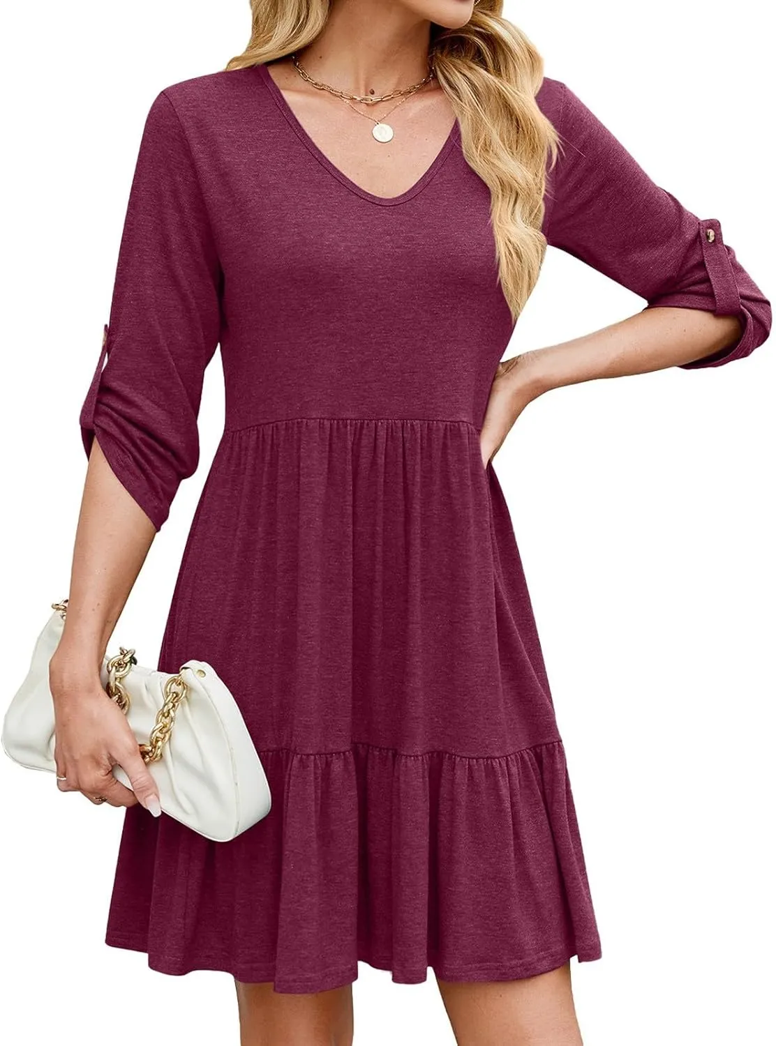 Casual Dresses for Women Cuffed 3/4 Sleeve A-line Work Dress V Neck Ruffle Hem Swing Summer Beach Mini Sundresses