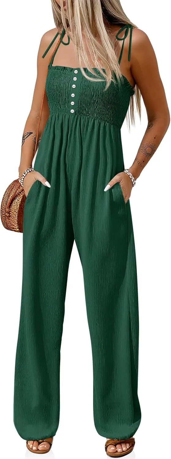 Cicy Bell Womens Summer Smocked Jumpsuits Loose Fit Adjustable Spaghetti Strap Jumpers Button Front Jogger Leg Overalls
