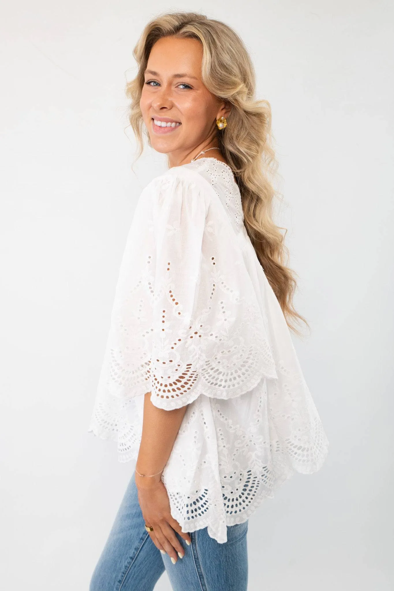 Coastal Days White Eyelet Detail Short Sleeve Blouse