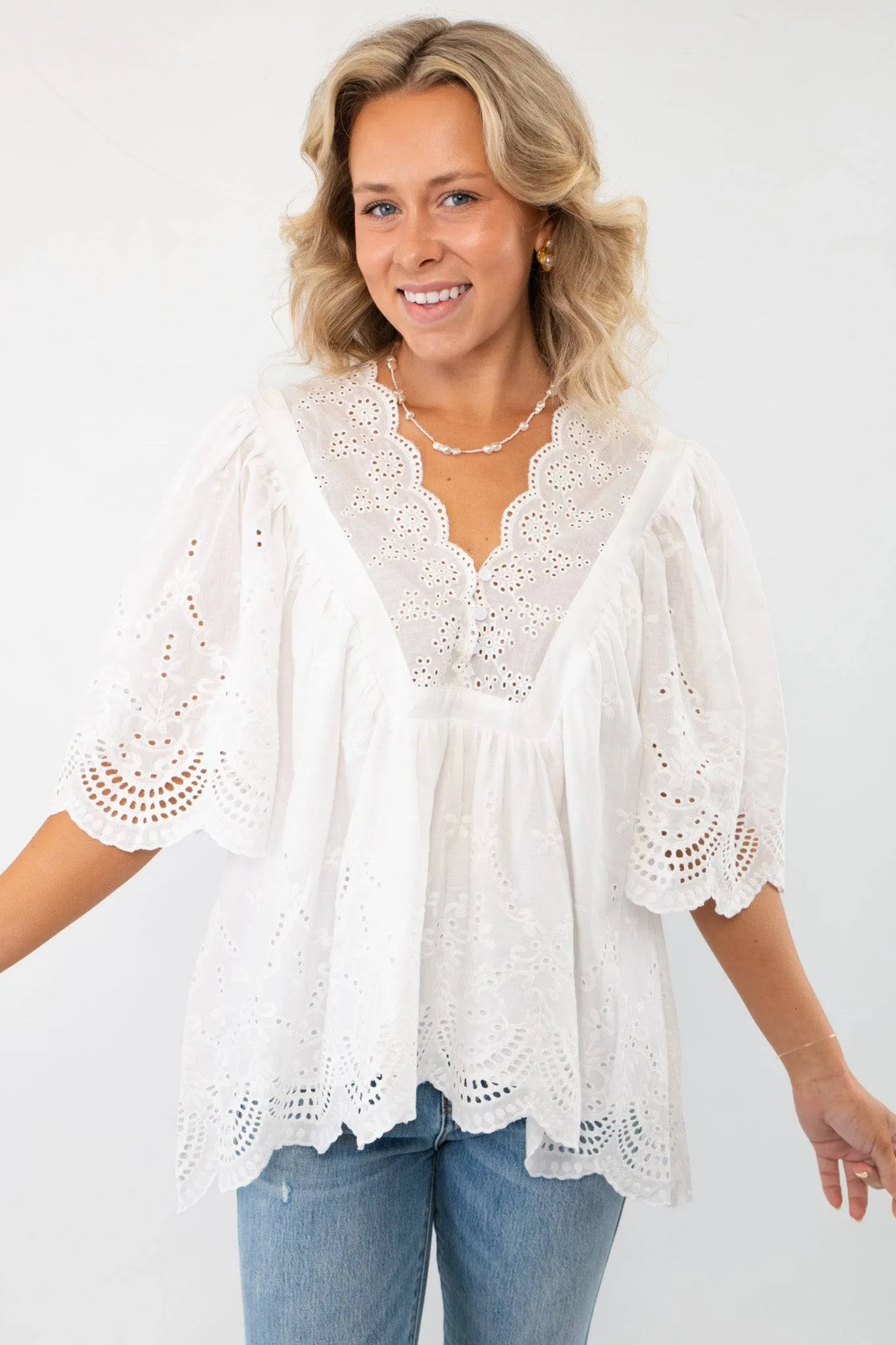 Coastal Days White Eyelet Detail Short Sleeve Blouse