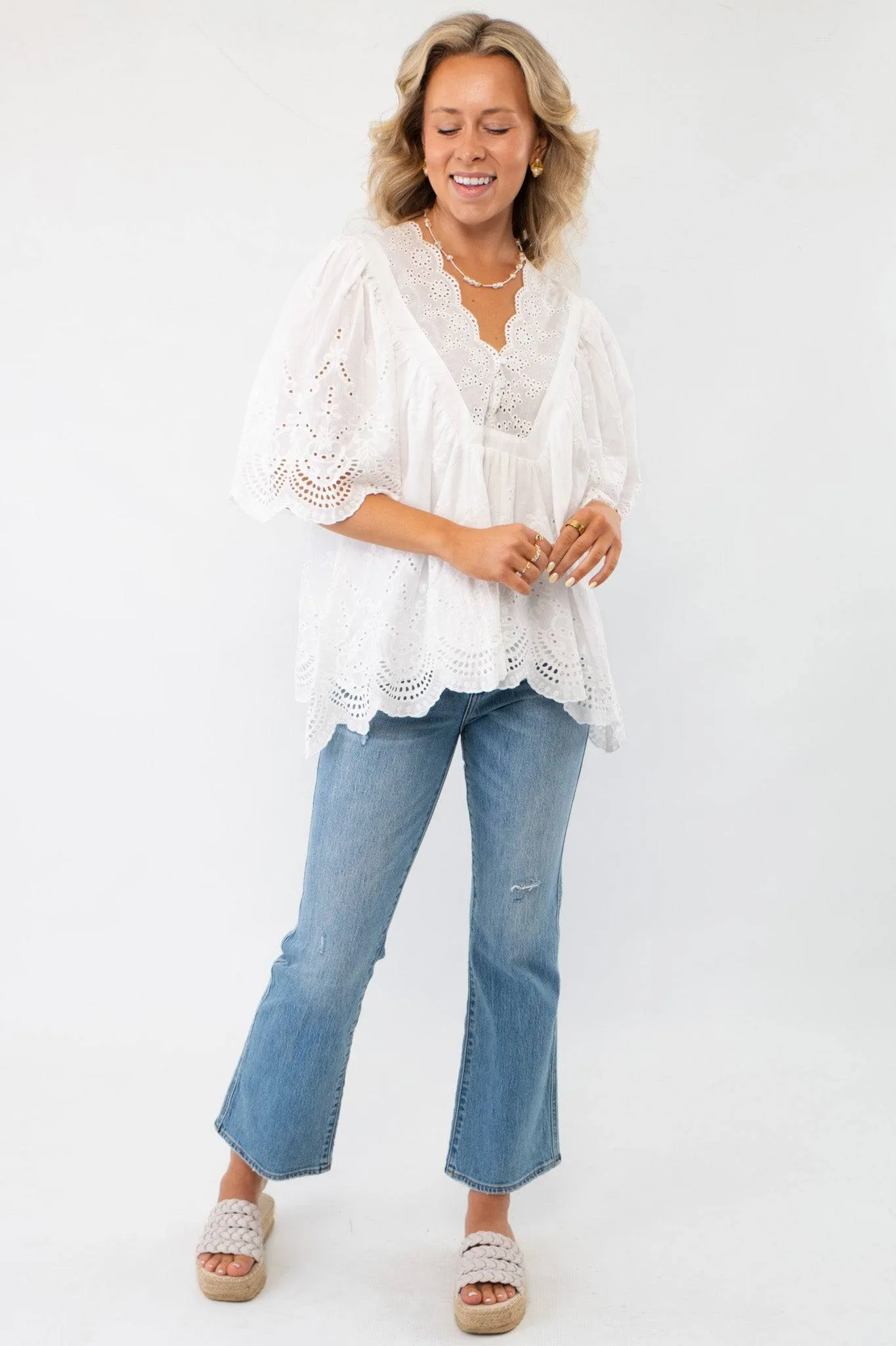 Coastal Days White Eyelet Detail Short Sleeve Blouse