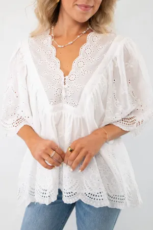 Coastal Days White Eyelet Detail Short Sleeve Blouse