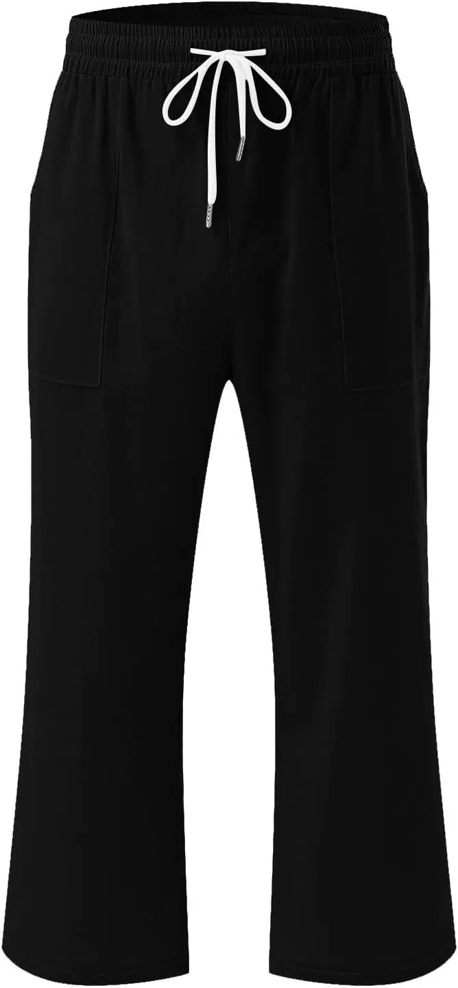 Cotton Linen Capris for Women Casual Summer High Waisted Wide Leg Capri Pants Lightweight Loose Cropped Trousers Solid