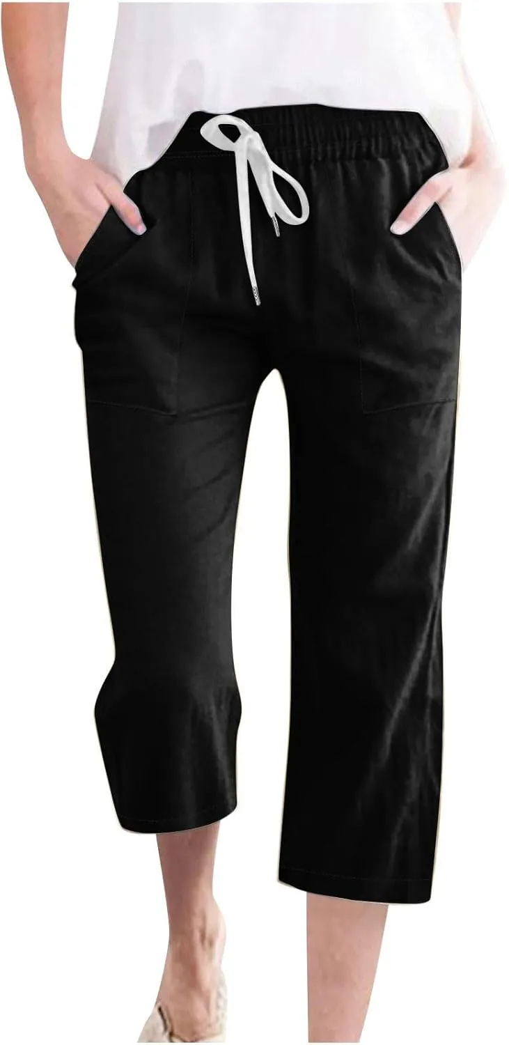 Cotton Linen Capris for Women Casual Summer High Waisted Wide Leg Capri Pants Lightweight Loose Cropped Trousers Solid