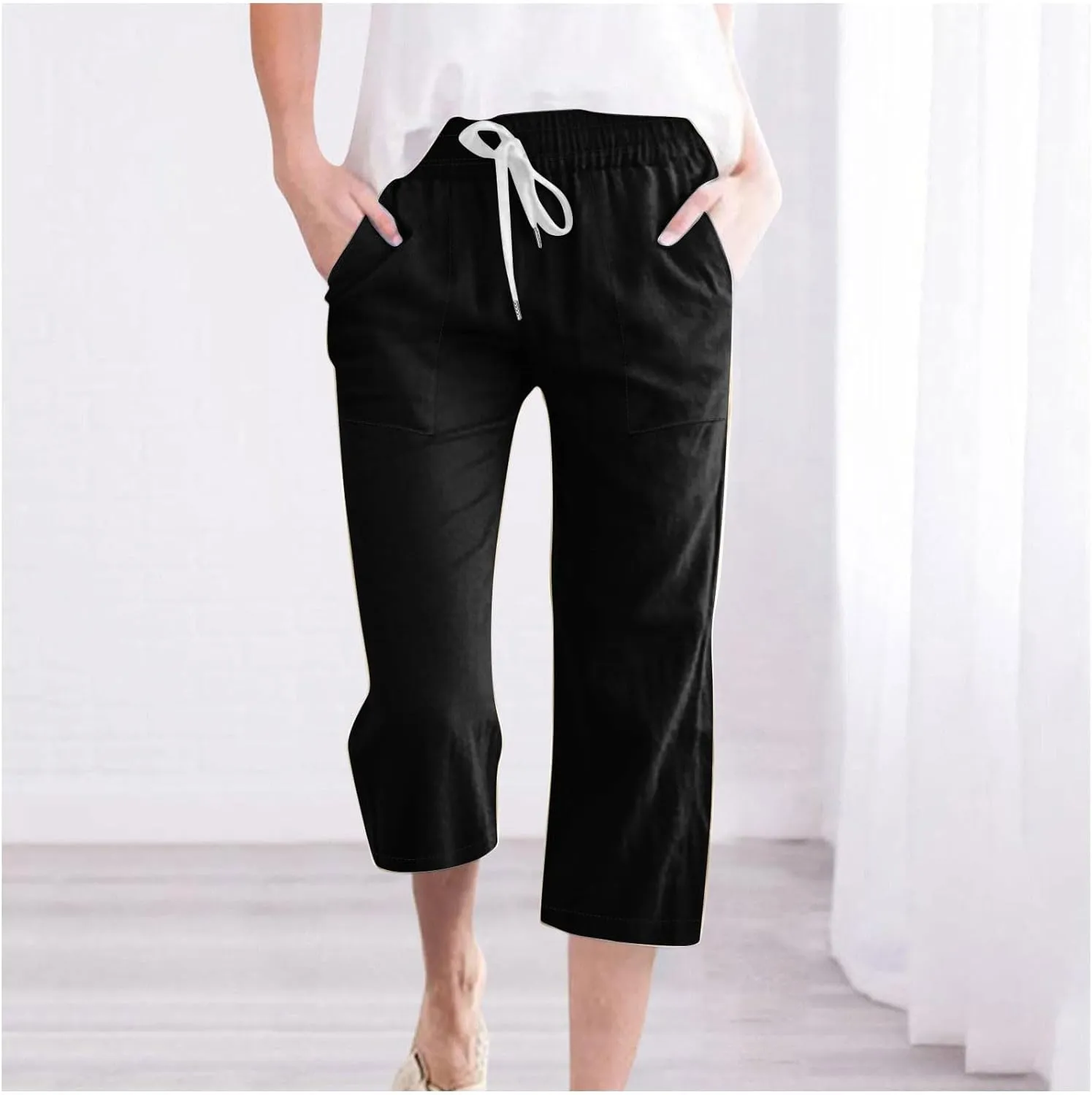 Cotton Linen Capris for Women Casual Summer High Waisted Wide Leg Capri Pants Lightweight Loose Cropped Trousers Solid