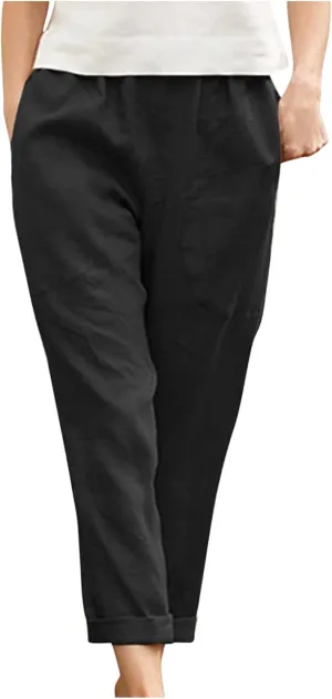 Cotton Linen Trouser for Women Casual Elastic Waist Pants Summer Loose Fit Beach Vacation with Big Pockets