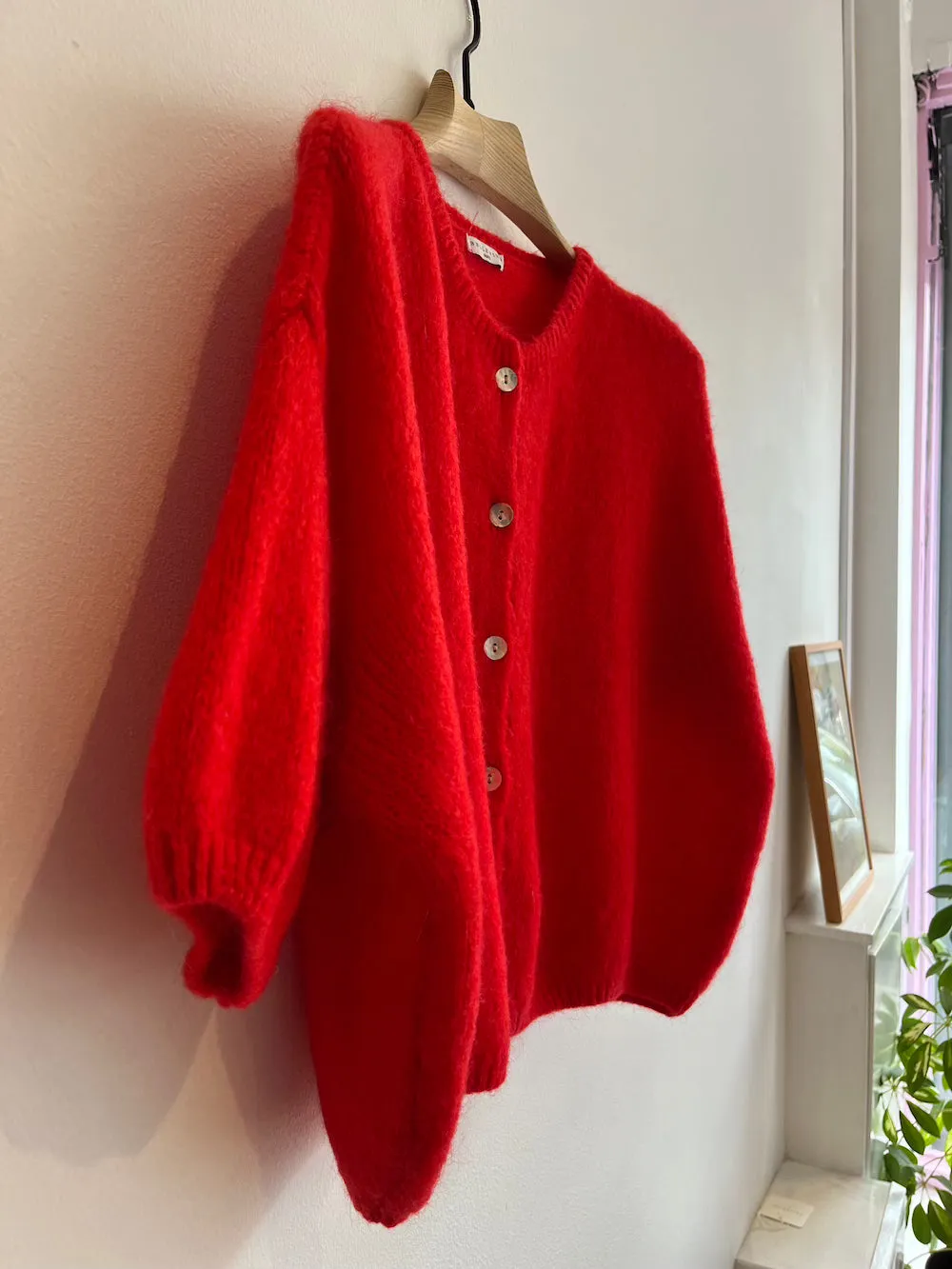 Cropped Sleeve Mohair Cardigan Red