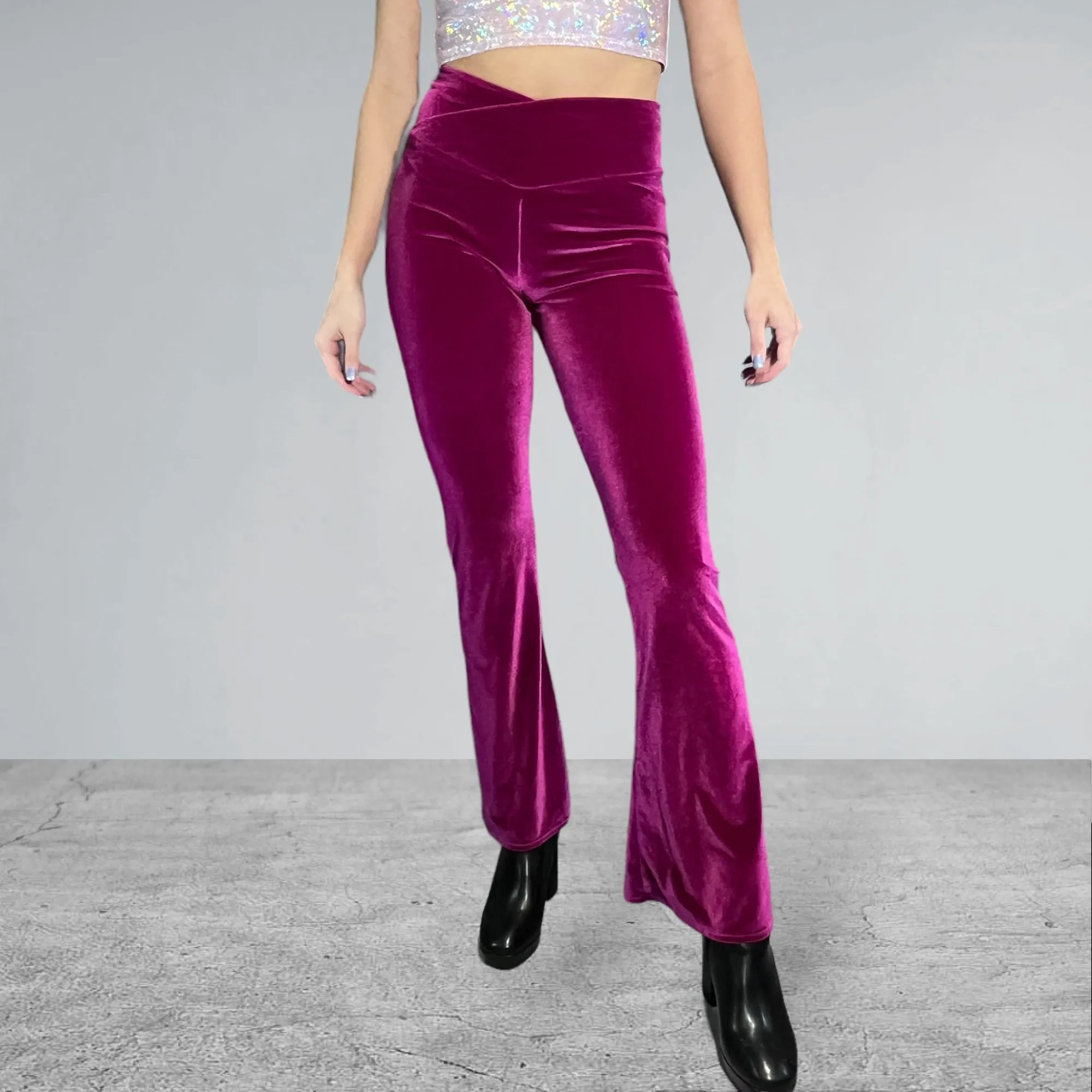 Crossover V-Waist Bootcut Flare Pants - Wine Velvet