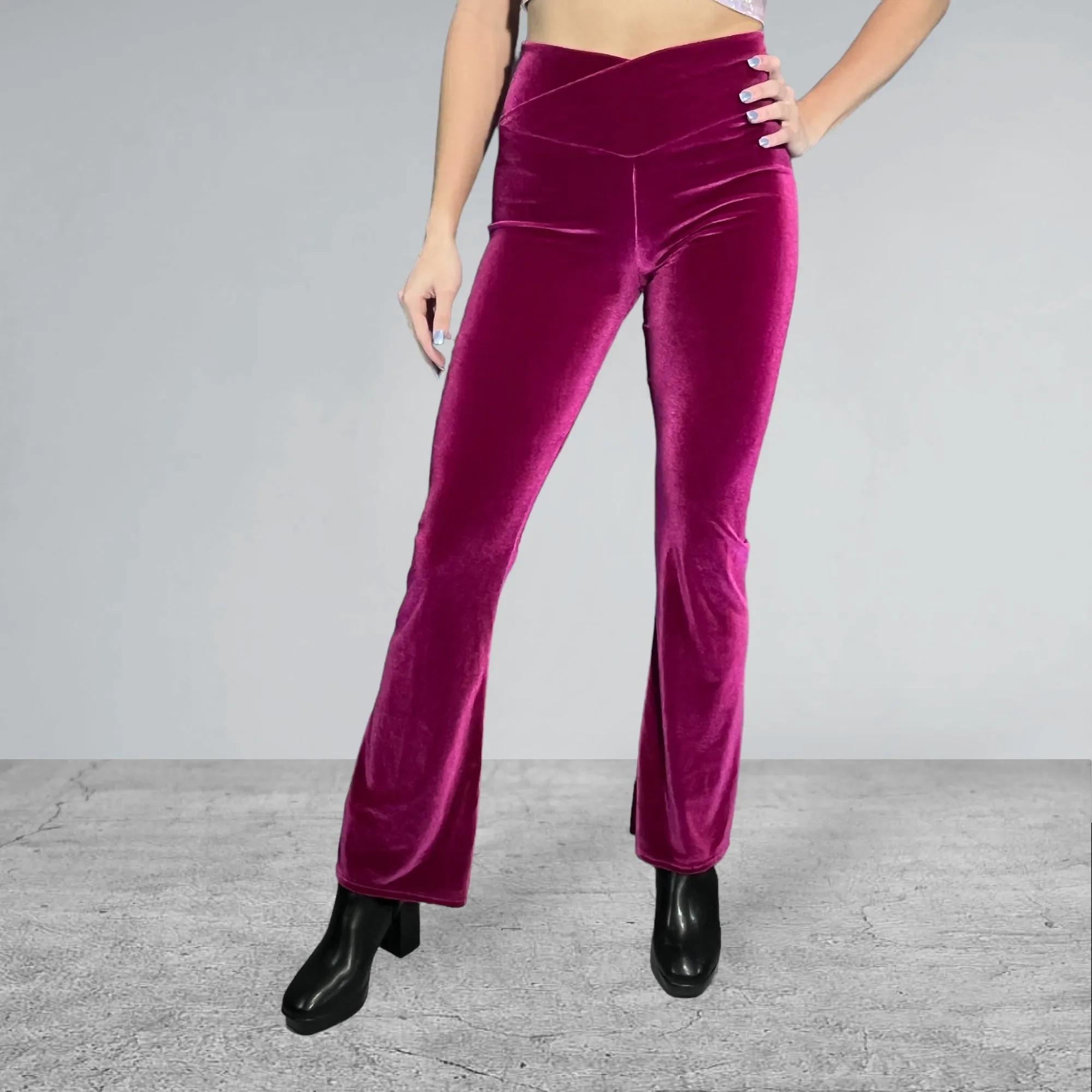 Crossover V-Waist Bootcut Flare Pants - Wine Velvet