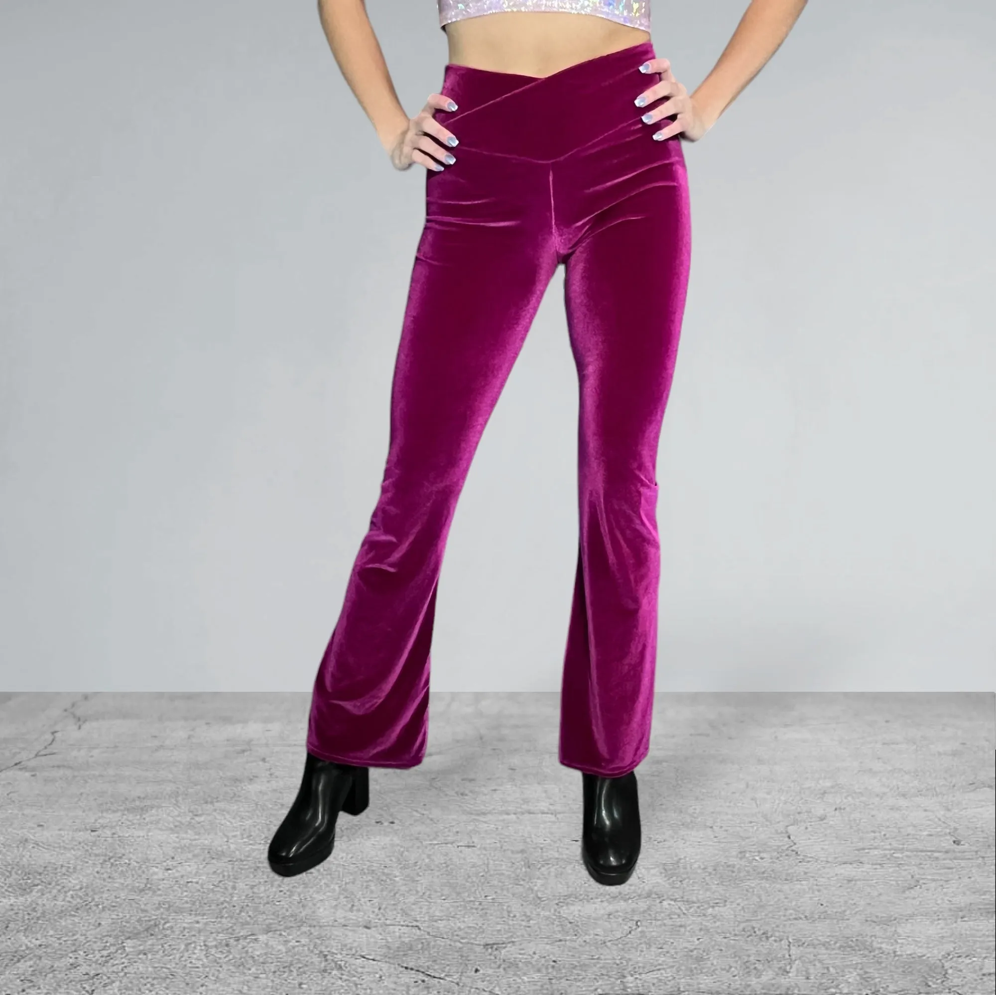 Crossover V-Waist Bootcut Flare Pants - Wine Velvet