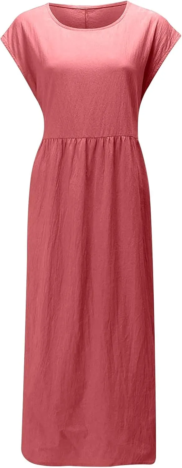 Dresses for Women Plus Size Summer Cotton Linen Dress Crewneck Cap Sleeve Loose Casual Beach Vacation Midi Dress