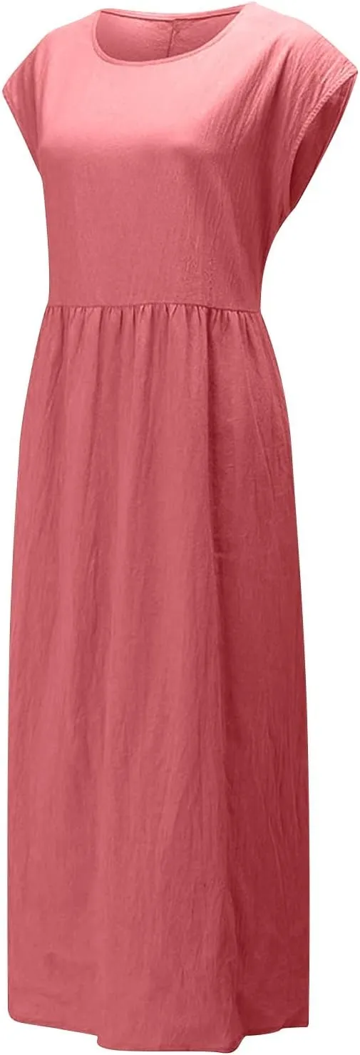 Dresses for Women Plus Size Summer Cotton Linen Dress Crewneck Cap Sleeve Loose Casual Beach Vacation Midi Dress