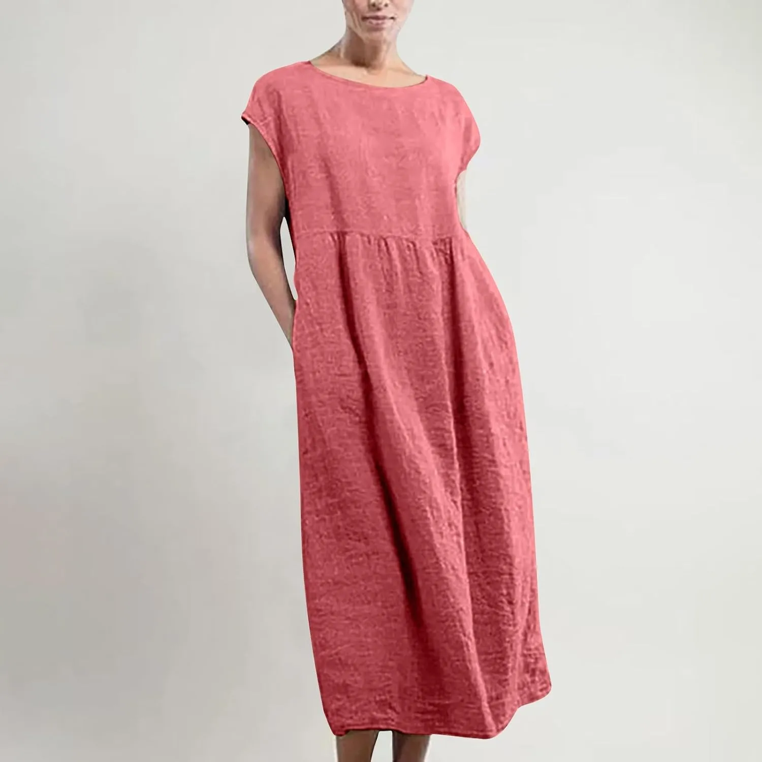 Dresses for Women Plus Size Summer Cotton Linen Dress Crewneck Cap Sleeve Loose Casual Beach Vacation Midi Dress