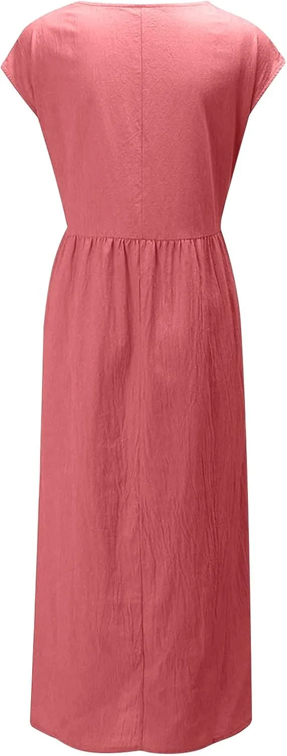 Dresses for Women Plus Size Summer Cotton Linen Dress Crewneck Cap Sleeve Loose Casual Beach Vacation Midi Dress