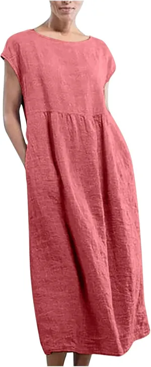 Dresses for Women Plus Size Summer Cotton Linen Dress Crewneck Cap Sleeve Loose Casual Beach Vacation Midi Dress