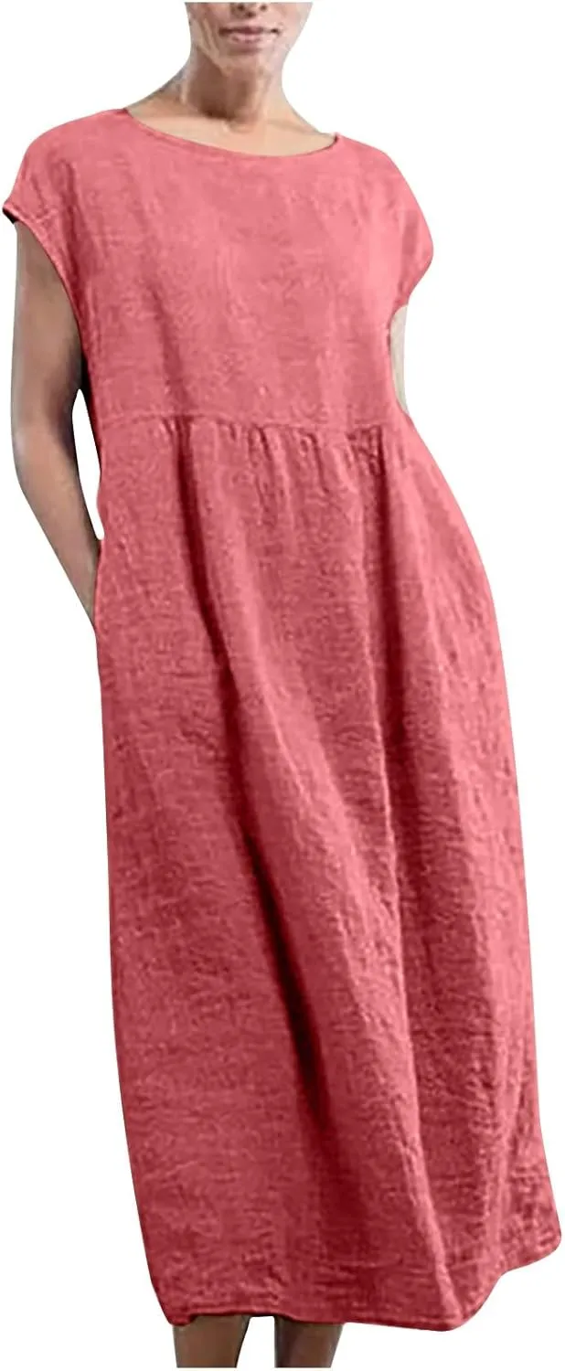 Dresses for Women Plus Size Summer Cotton Linen Dress Crewneck Cap Sleeve Loose Casual Beach Vacation Midi Dress
