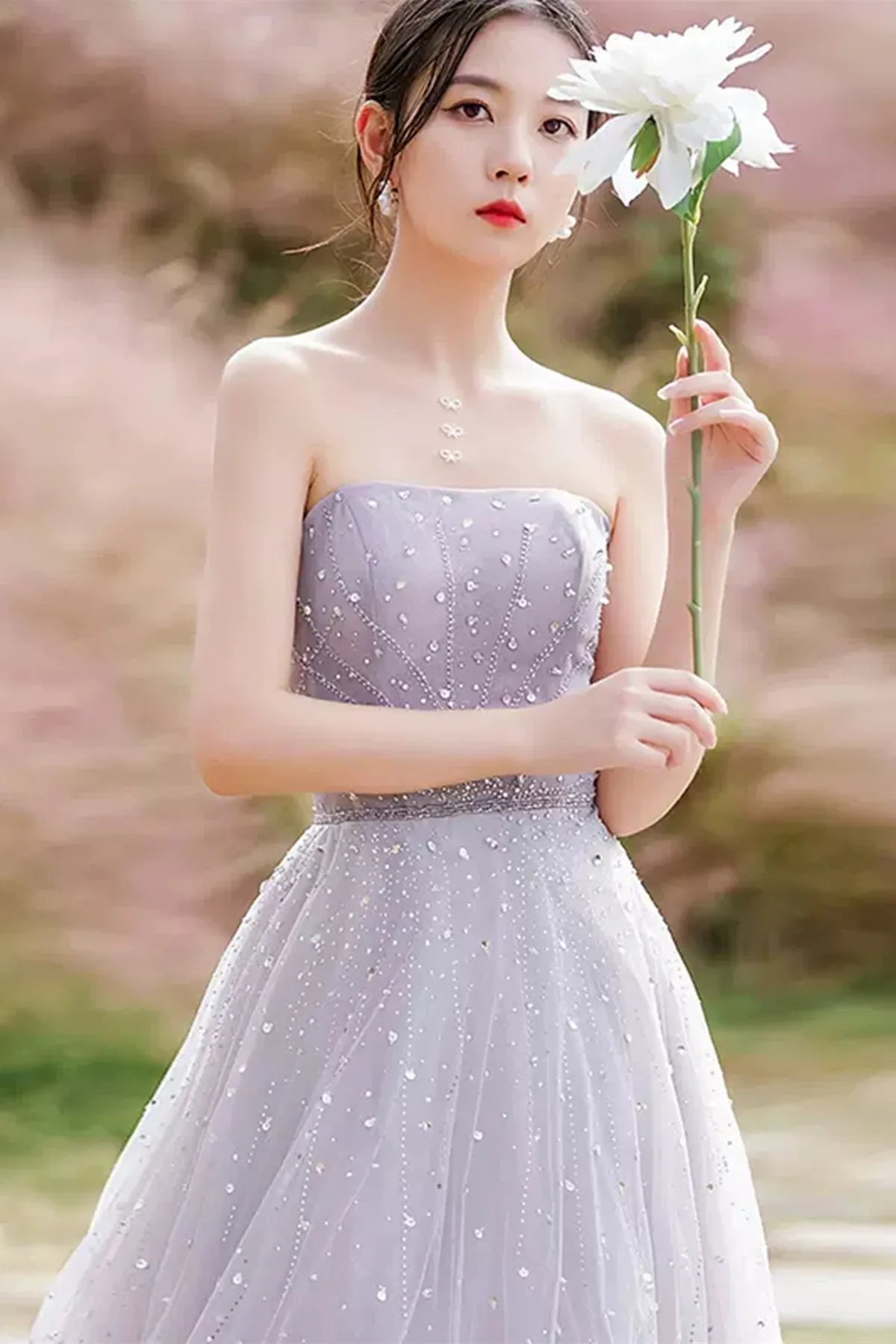 Elegant Strapless Beaded Light Purple Tulle Long Prom Dresses, Beaded Light Purple Formal Graduation Evening Dresses WT1015