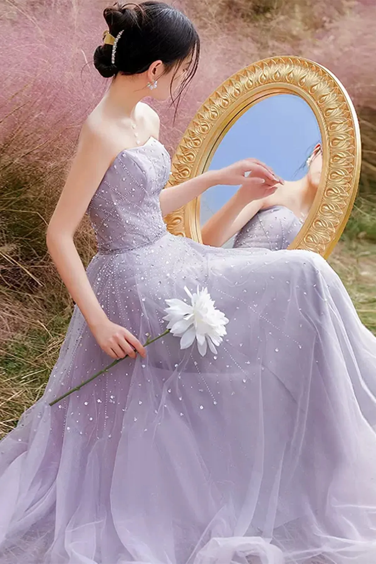 Elegant Strapless Beaded Light Purple Tulle Long Prom Dresses, Beaded Light Purple Formal Graduation Evening Dresses WT1015