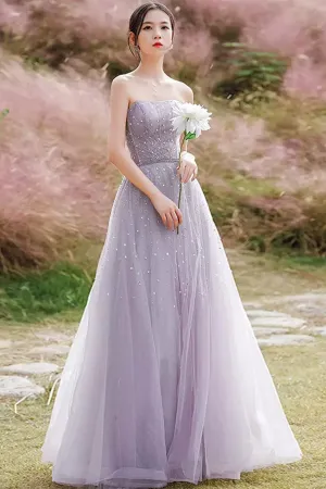 Elegant Strapless Beaded Light Purple Tulle Long Prom Dresses, Beaded Light Purple Formal Graduation Evening Dresses WT1015