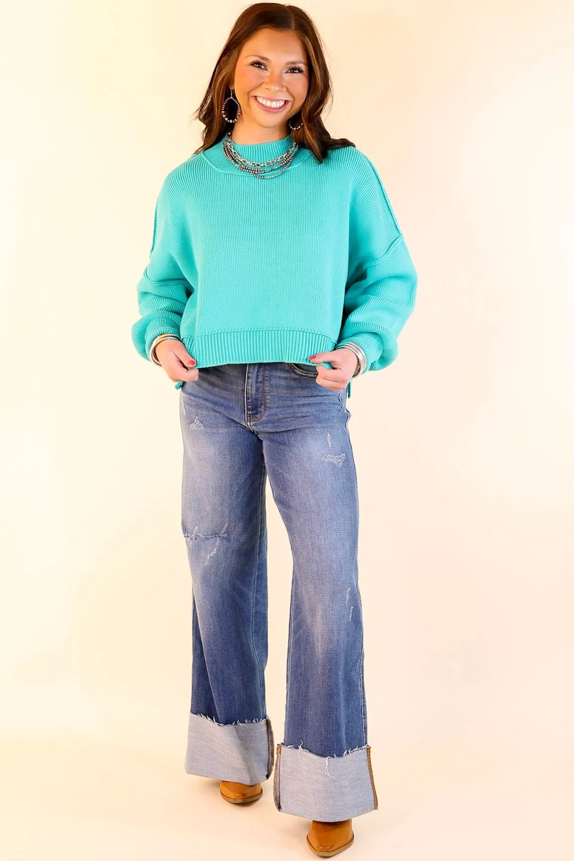 Fireside Fit Cropped Long Sleeve Mock Neck Sweater in Turquoise Blue