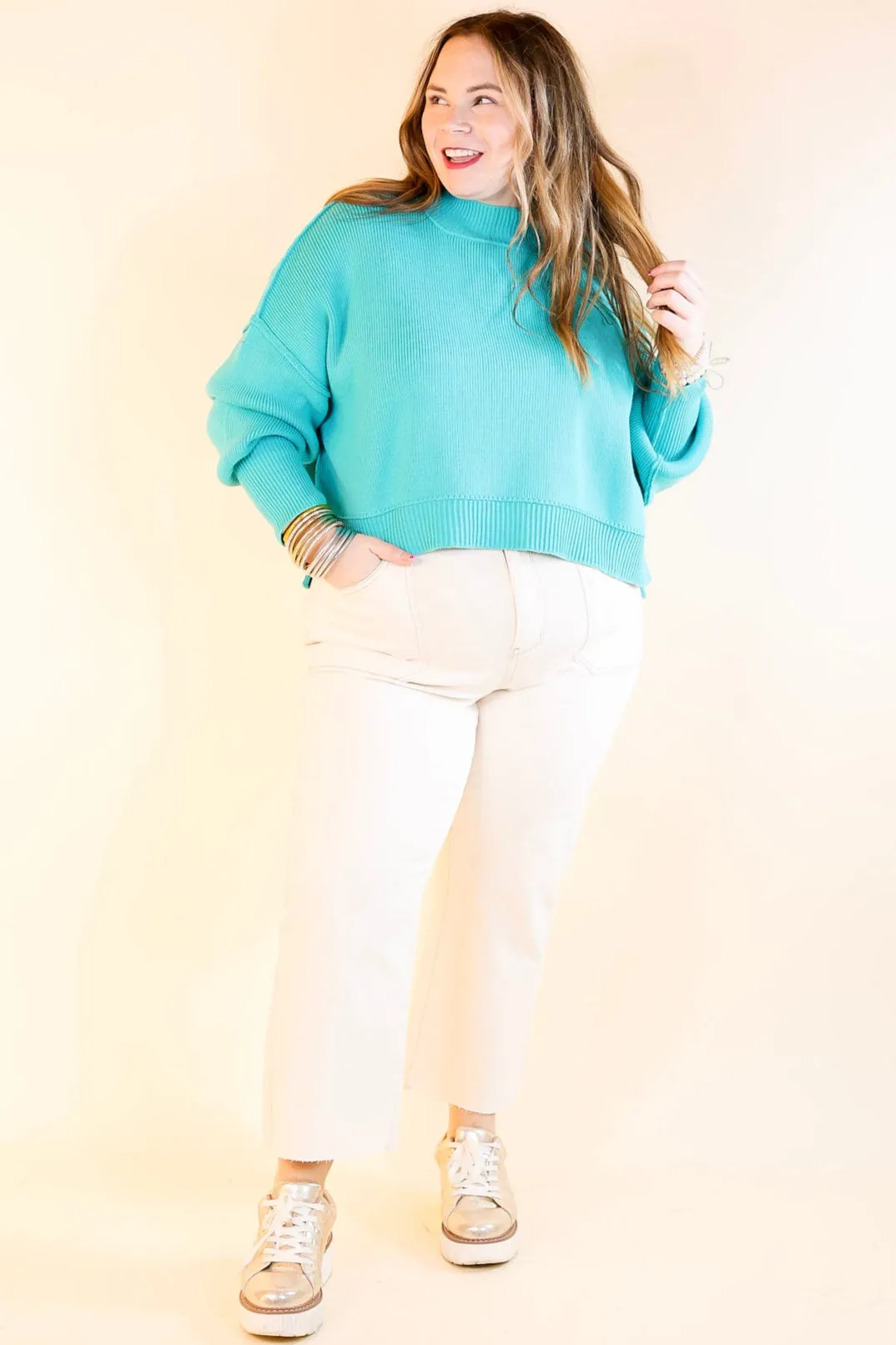Fireside Fit Cropped Long Sleeve Mock Neck Sweater in Turquoise Blue
